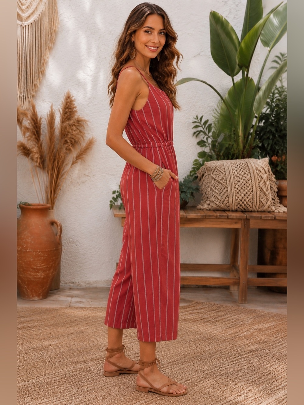 GAP Coral Stripe Cropped Capri Wide-Leg Jumpsuit | Boho Beachy Sleeveless Romper